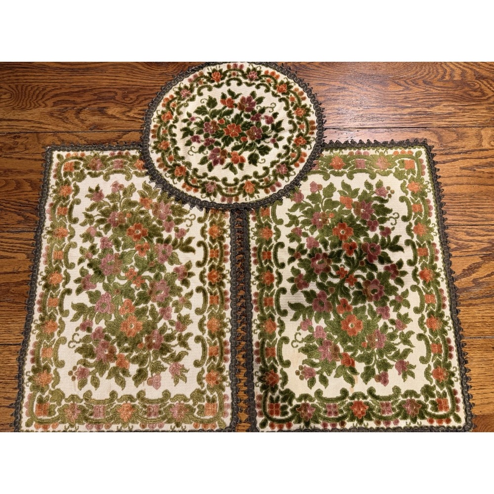 3 Vintage Floral Tapestry Lace Edged Doilies & Runners Floral Gram Antique